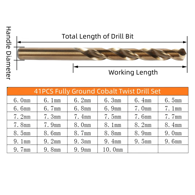 41-teiliges, vollständig geschliffenes Kobalt-Spiralbohrer-Set