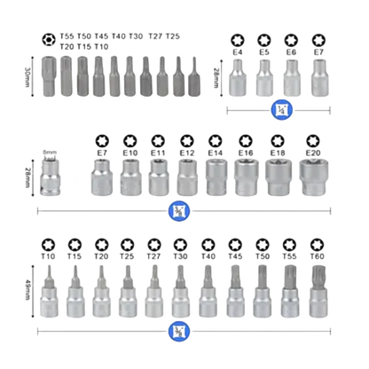 Juego de 34 vasos de seguridad Torx, Star y E-Type, unidad de 38'', acero CR-V a prueba de manipulaciones